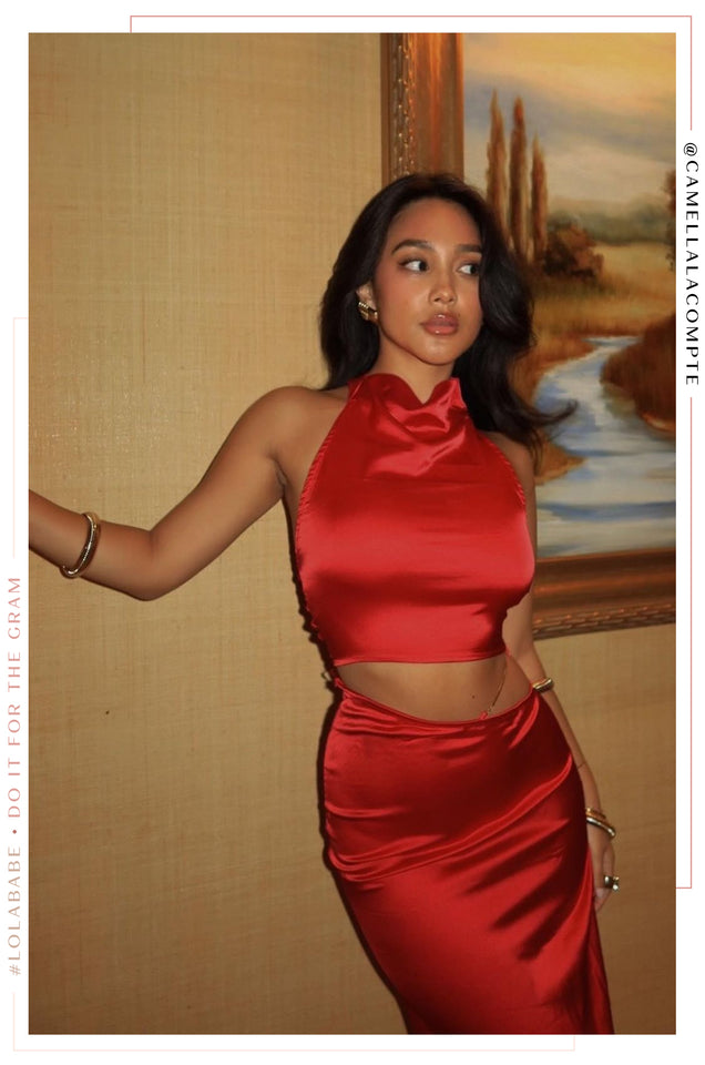 Load image into Gallery viewer, Red Satin Halter Neck with High Waist Midi Skirt
