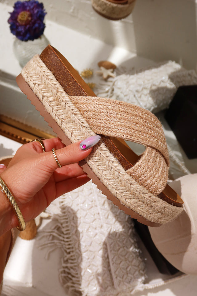 Load image into Gallery viewer, Palm Beach Raffia Platform Slip On Sandals - Natural
