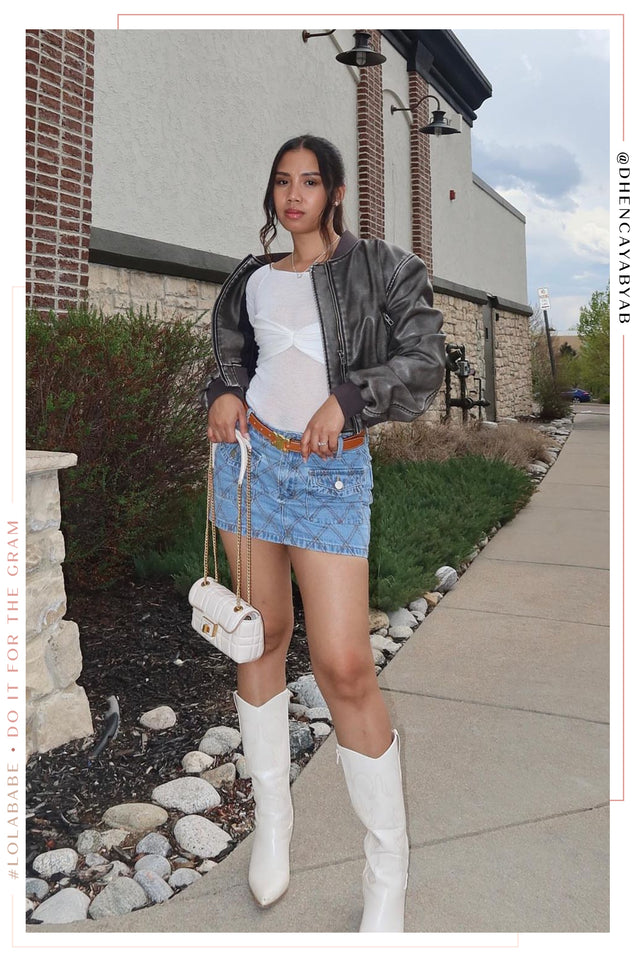 Load image into Gallery viewer, Denim Mini Skirt Styled with Distressed Jacket
