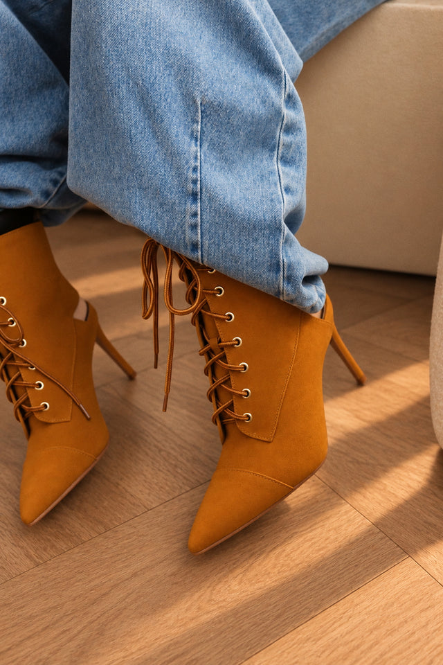 Load image into Gallery viewer, Remy Lace Up Pointed Toe Heel Booties – Tan
