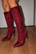 Sandra Rhinestone Knee High Boots - Wine