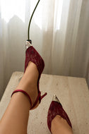 Charlotte Lace Pointed Toe Ankle Strap Pumps - Wine