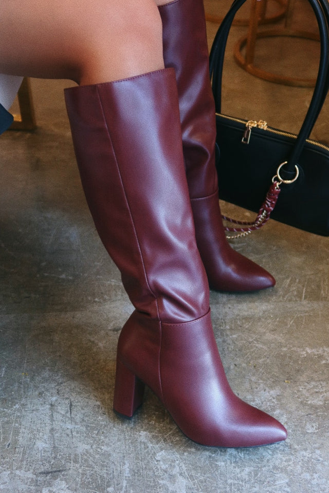Load image into Gallery viewer, Fine Time Wide Fit Block Heel Knee High Boots - Wine
