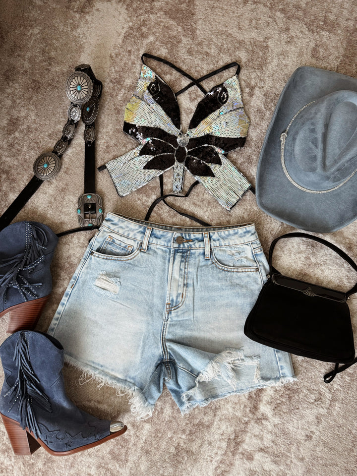Load image into Gallery viewer, Lydia Distressed Shorts - Light Denim
