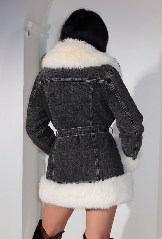 Load image into Gallery viewer, Mia Faux Fur Coat - Black Denim
