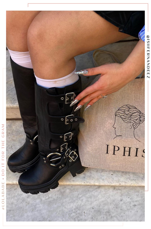 Load image into Gallery viewer, Alix Knee High Buckle Combat Boots - Black
