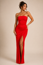 Load image into Gallery viewer, Itzel Strapless Ruched Maxi Dress - Red
