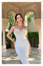 Load image into Gallery viewer, Girl Standing Wearing Nude Rosette Strapless Dress
