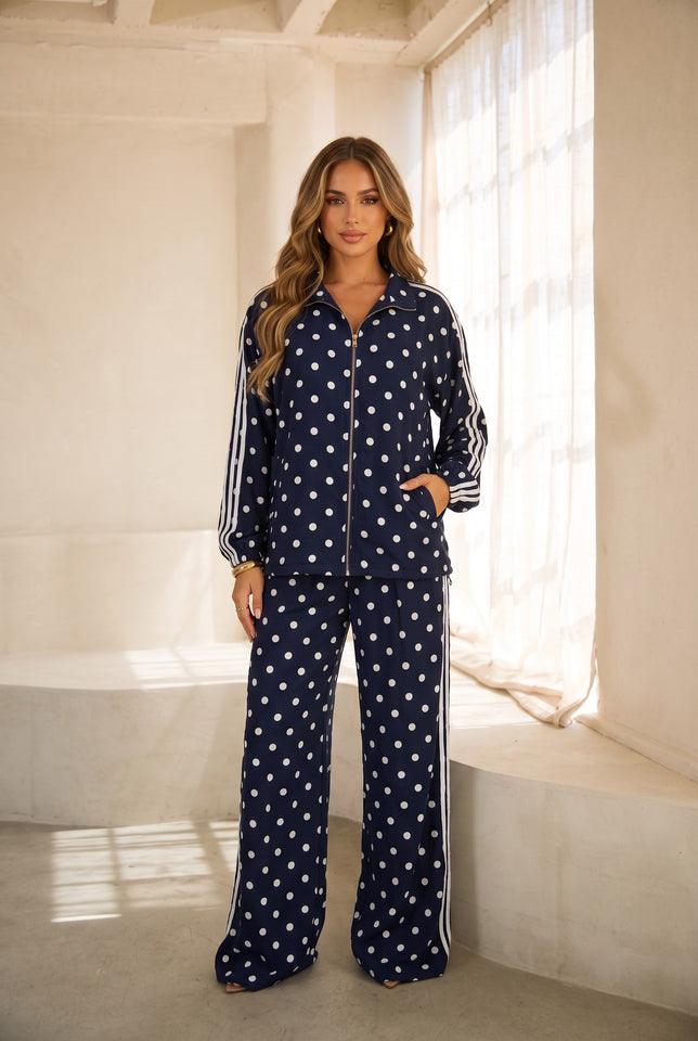 Load image into Gallery viewer, Janelle Polka Dot Track Pants Set - Navy
