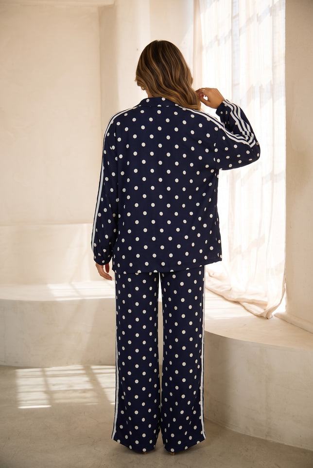 Load image into Gallery viewer, Janelle Polka Dot Track Pants Set - Navy
