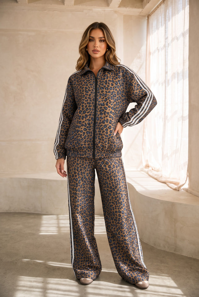 Load image into Gallery viewer, Jaylen Track Jacket &amp; Wide Leg Pants Set - Leopard
