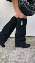 Load image into Gallery viewer, Kai Wedge Heel Knee High Shark Boots - Black
