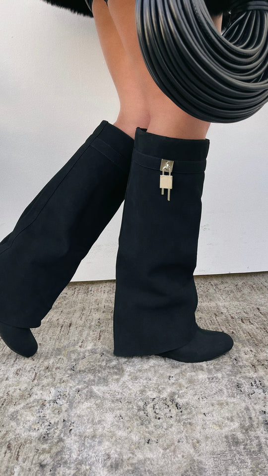 Load image into Gallery viewer, Kai Wedge Heel Knee High Shark Boots - Black
