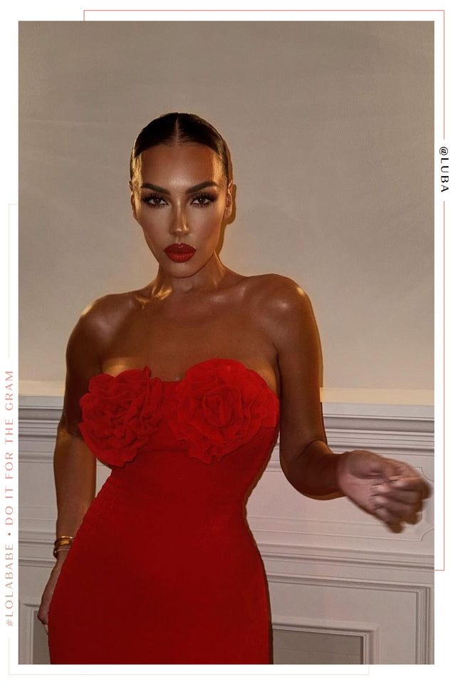 Load image into Gallery viewer, Model Wearing Red Rosette Dress
