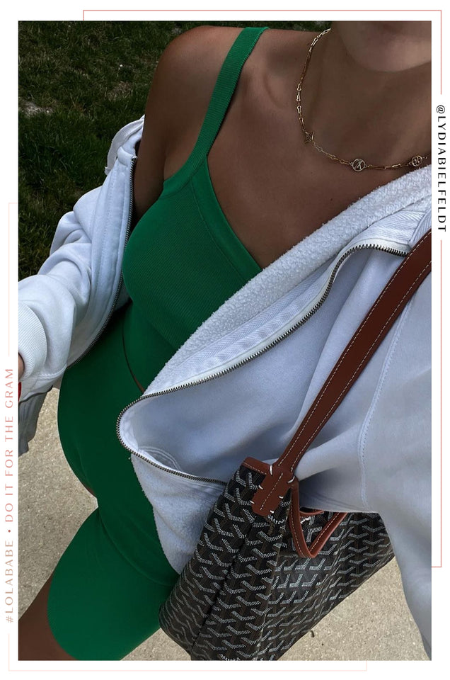 Load image into Gallery viewer, Green Lounge Activewear Set Styled with White Zip Up Sweater
