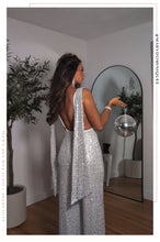 Load image into Gallery viewer, Holiday Glam Cowl Neck Jumpsuit - White Silver
