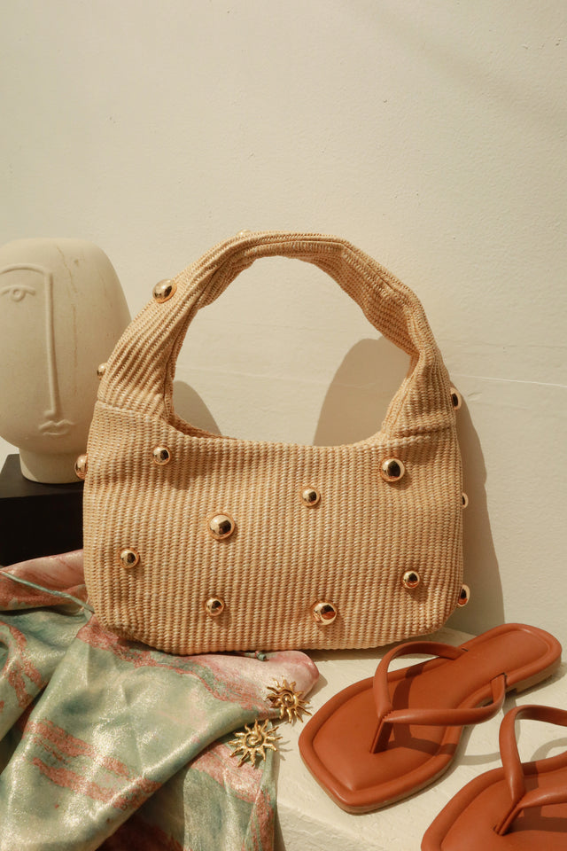 Load image into Gallery viewer, Bora Bora Stud Embellished Straw Shoulder Bag - Natural
