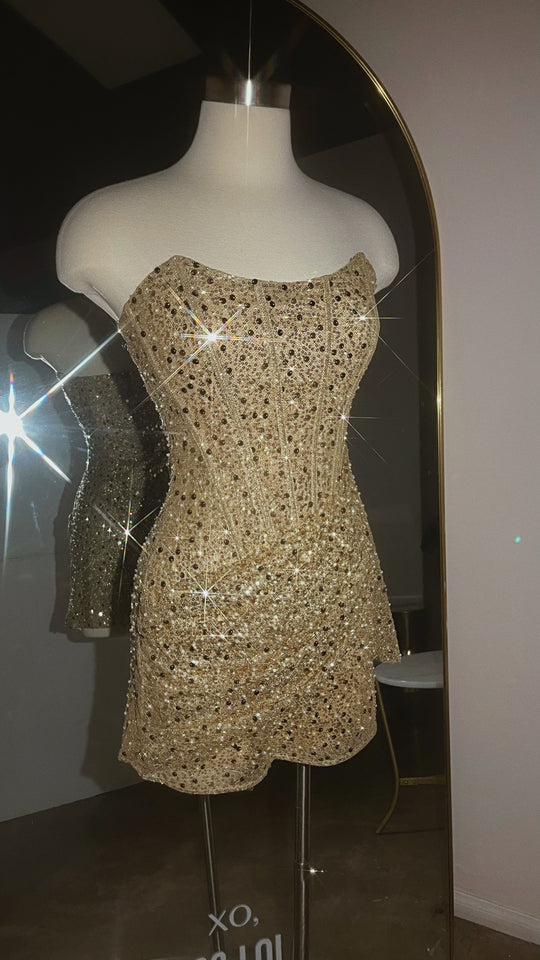 Load image into Gallery viewer, Birthday Showers Strapless Sequin Mini Dress - Gold
