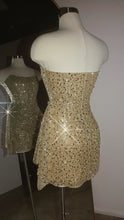 Load image into Gallery viewer, Birthday Showers Strapless Sequin Mini Dress - Gold
