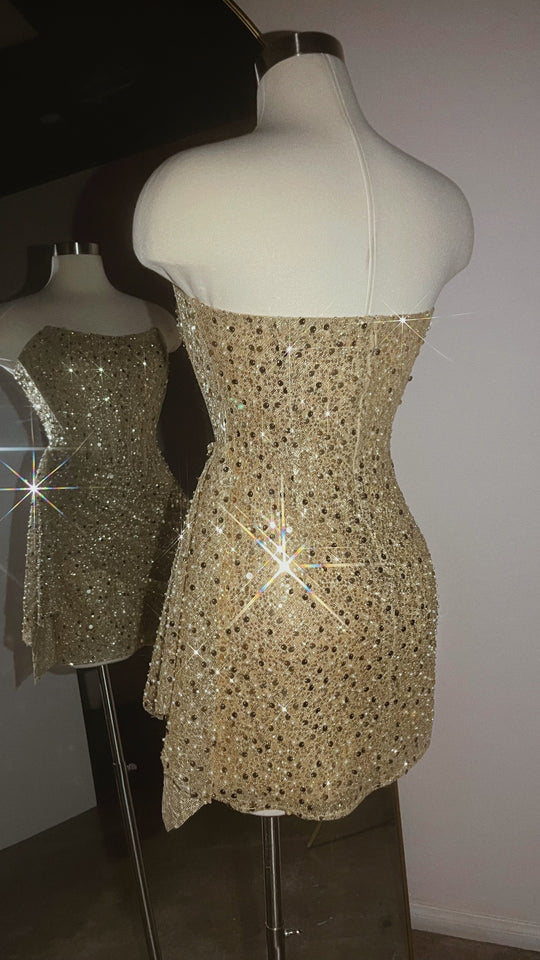 Load image into Gallery viewer, Birthday Showers Strapless Sequin Mini Dress - Gold
