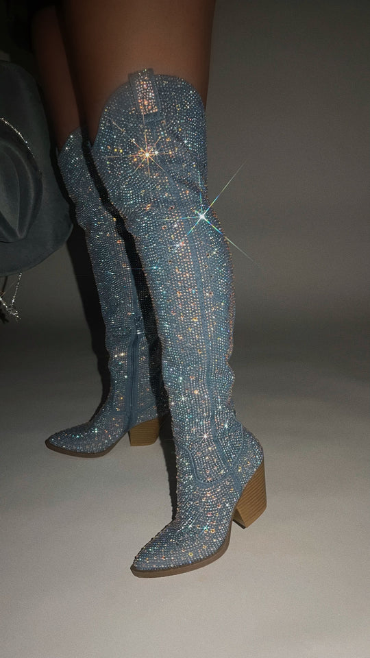Load image into Gallery viewer, Nights In Nashville Embellished Cowgirl Boots - Denim
