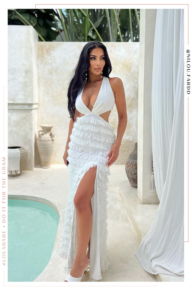 Load image into Gallery viewer, Girl Standing Poolside with White Fringe Vacay Dress
