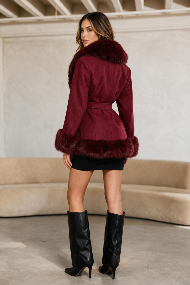 Load image into Gallery viewer, Nadia Faux Fur Belted Coat – Wine
