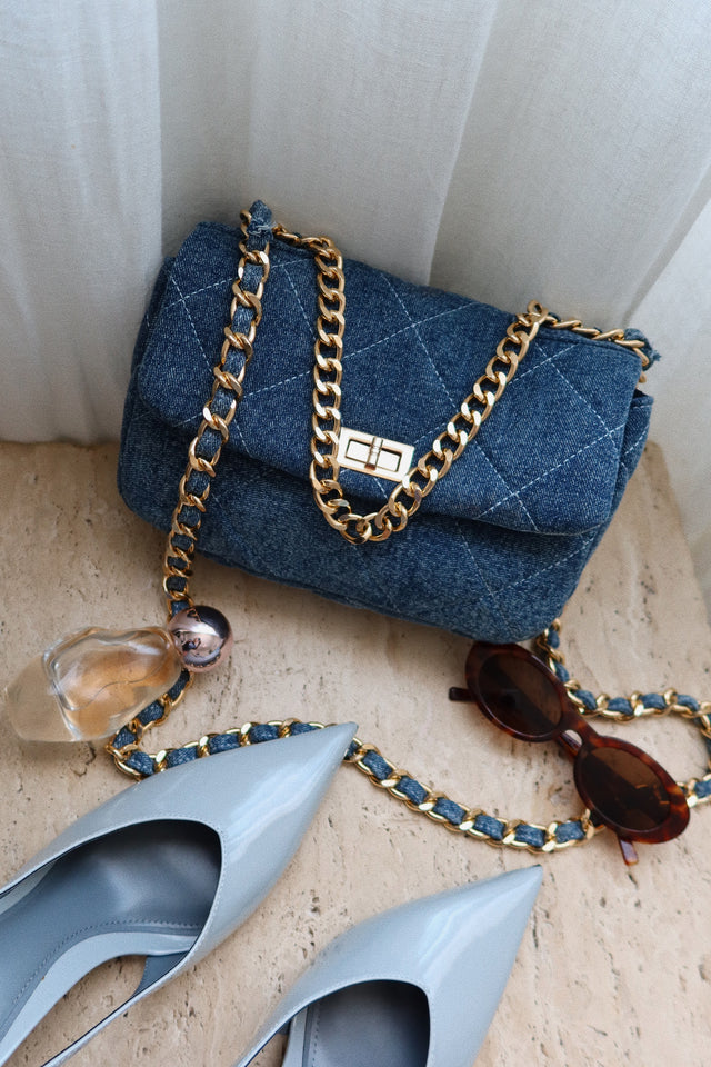 Load image into Gallery viewer, Britney Quilted Denim Crossbody Bag - Denim Gold
