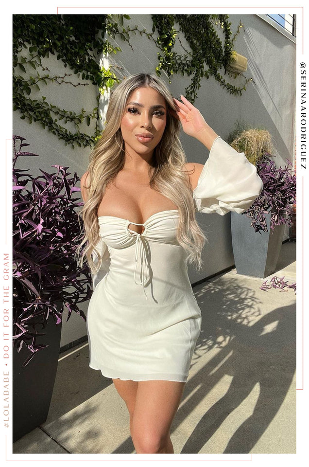 Load image into Gallery viewer, Women Standing Wearing Cream Mini Dress
