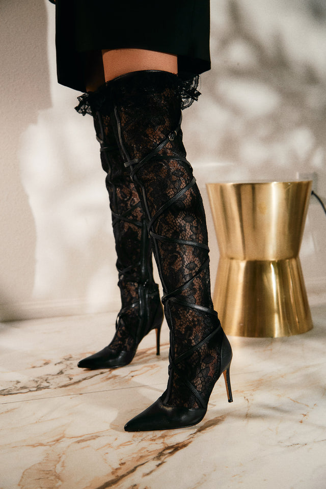 Load image into Gallery viewer, Anatolia Lace Over The Knee Heel Boots - Black
