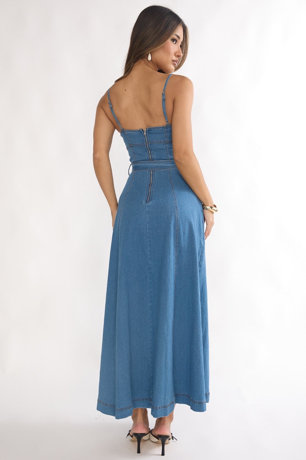 ladies summer denim dresses Midi Dress for Women trending neutral look Crafted in rich indigo Bridal Shower High Tea Size:Size 4