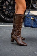 Lisa Knee High Block Heel Boots - Brown