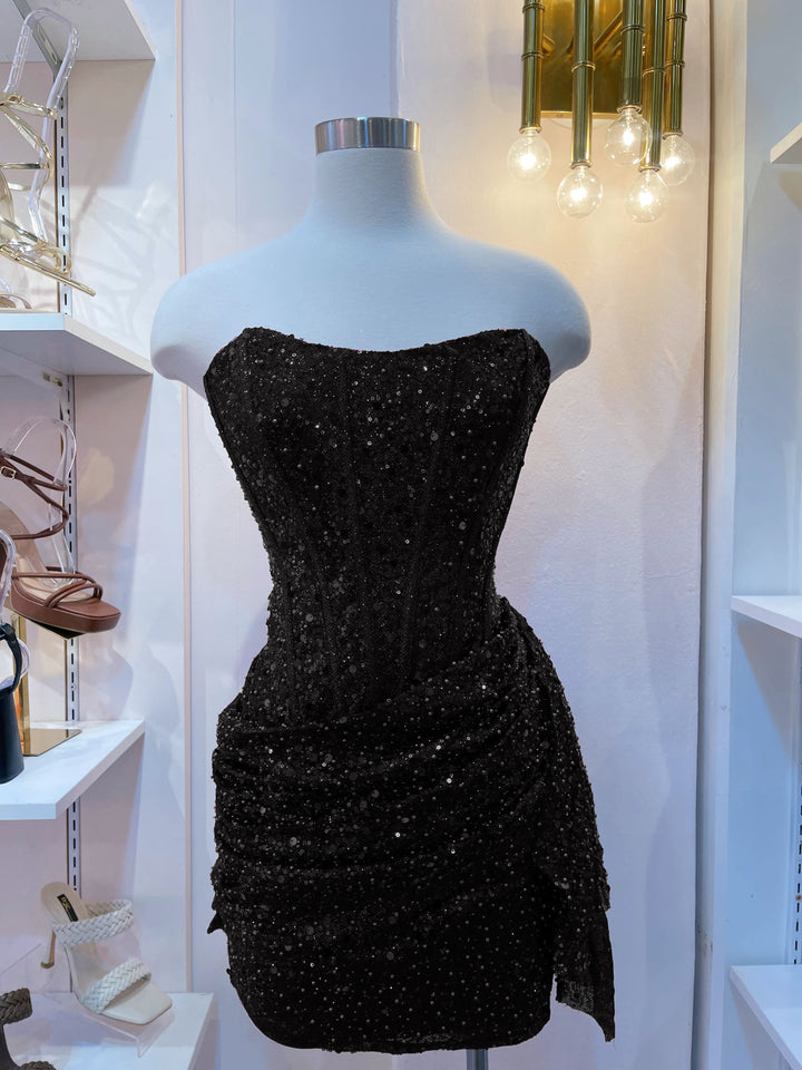 Load image into Gallery viewer, Birthday Showers Strapless Sequin Mini Dress - Black
