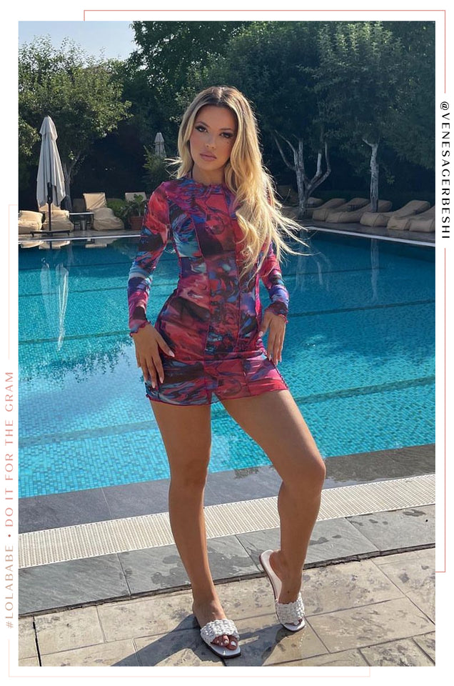 Load image into Gallery viewer, Kaila Mesh Mini Dress Cover Up- Pink Print
