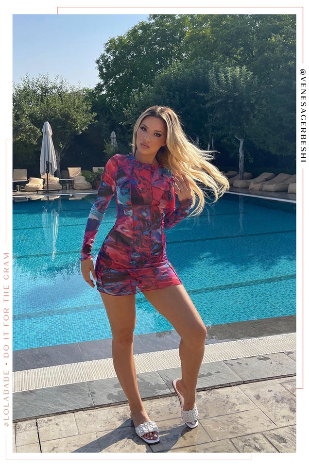 Load image into Gallery viewer, Kaila Mesh Mini Dress Cover Up- Pink Print
