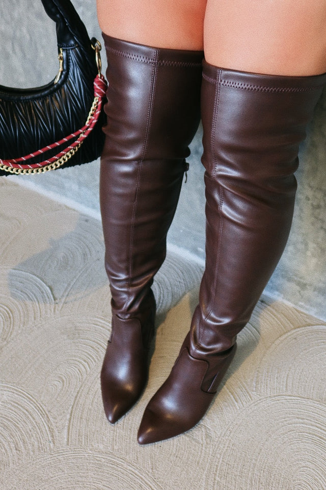 Adeline Chunky Heel Over The Knee Boots - Brown