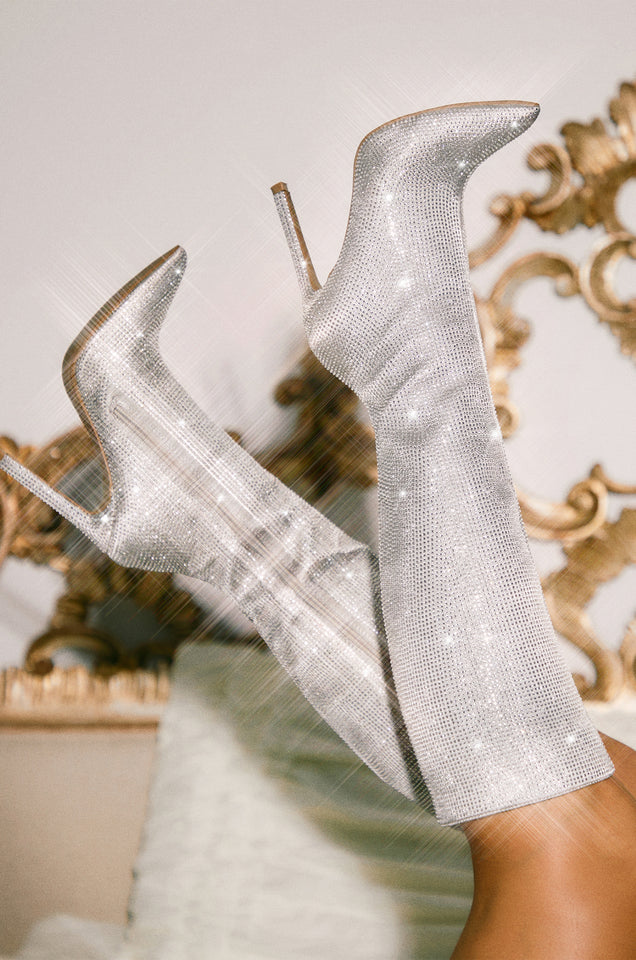 Load image into Gallery viewer, Silver-Tone Embellished Knee High Boots
