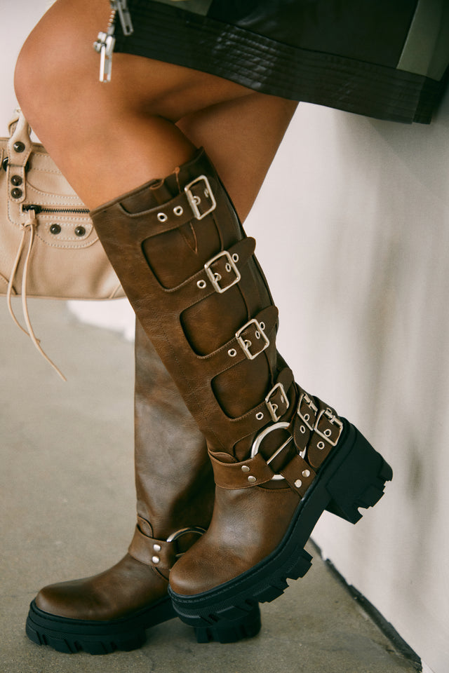 Load image into Gallery viewer, Alix Knee High Buckle Combat Boots- Brown
