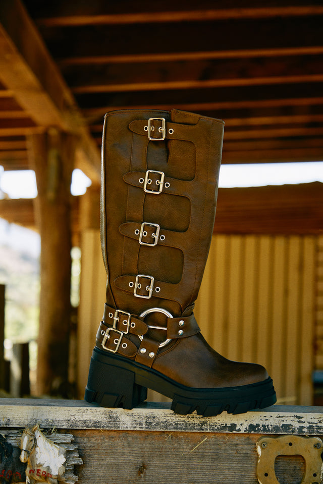 Load image into Gallery viewer, Alix Knee High Buckle Combat Boots- Brown
