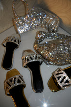 Load image into Gallery viewer, Image of Gold and Silver Embellished Sandals and Three Embellished Handbags
