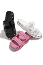 Load image into Gallery viewer, All Colors Available With Silver-Tone Hardware Slip On Sandals, Black, Pink and White

