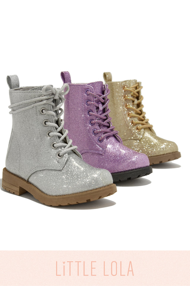 Load image into Gallery viewer, Mini Attitude Kids Glitter Lace Up Combat Boots - Gold
