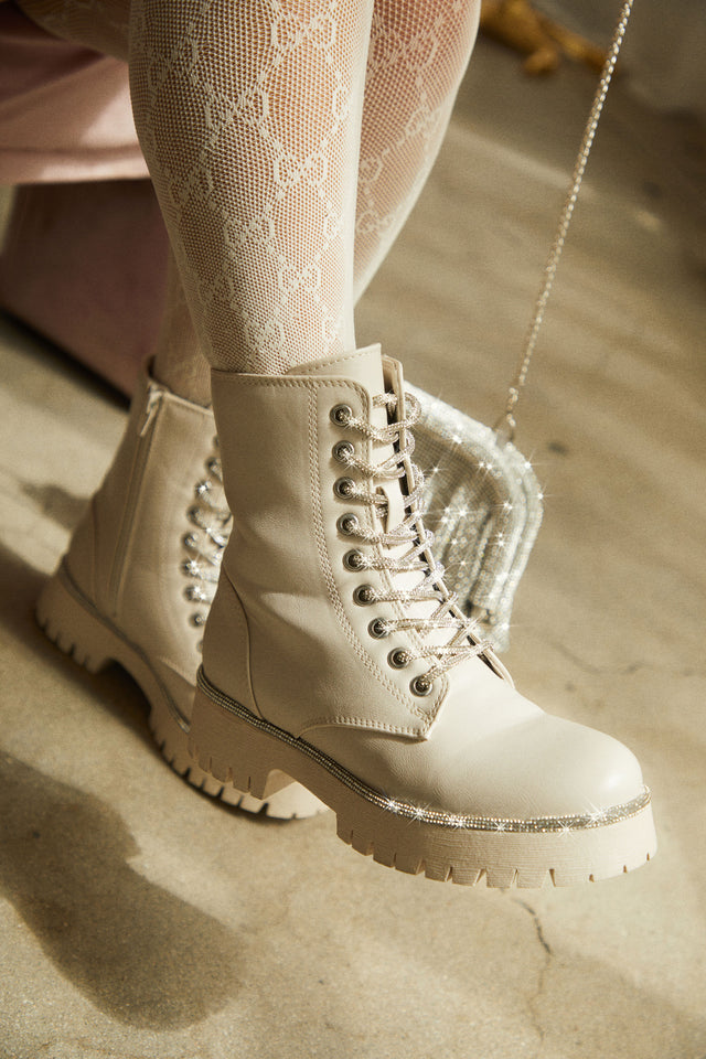 Load image into Gallery viewer, Anesia Embellished Combat Boots - Bone
