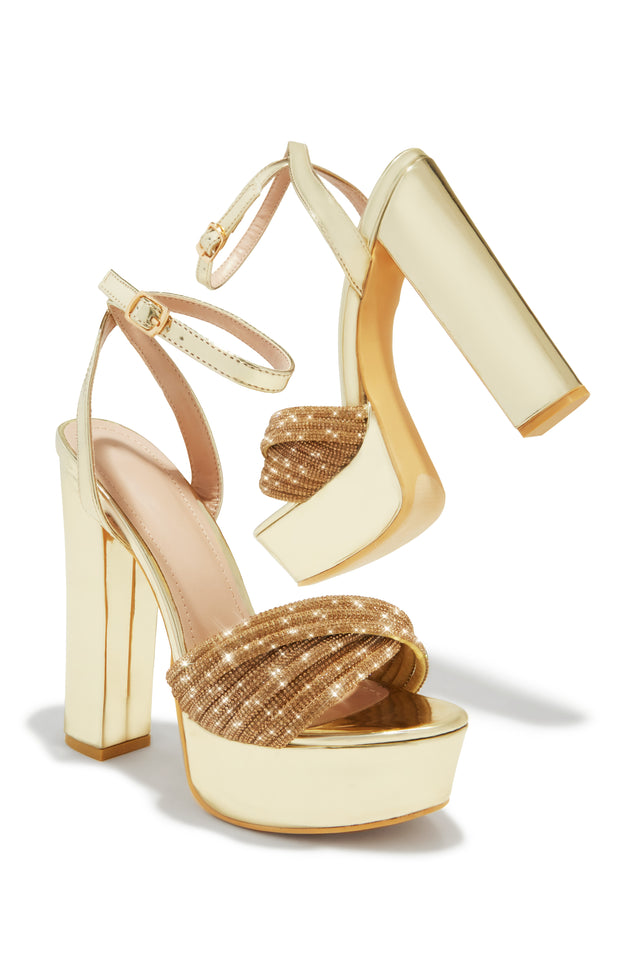 Load image into Gallery viewer, Arianna Embellished Platform Block Heels - Gold
