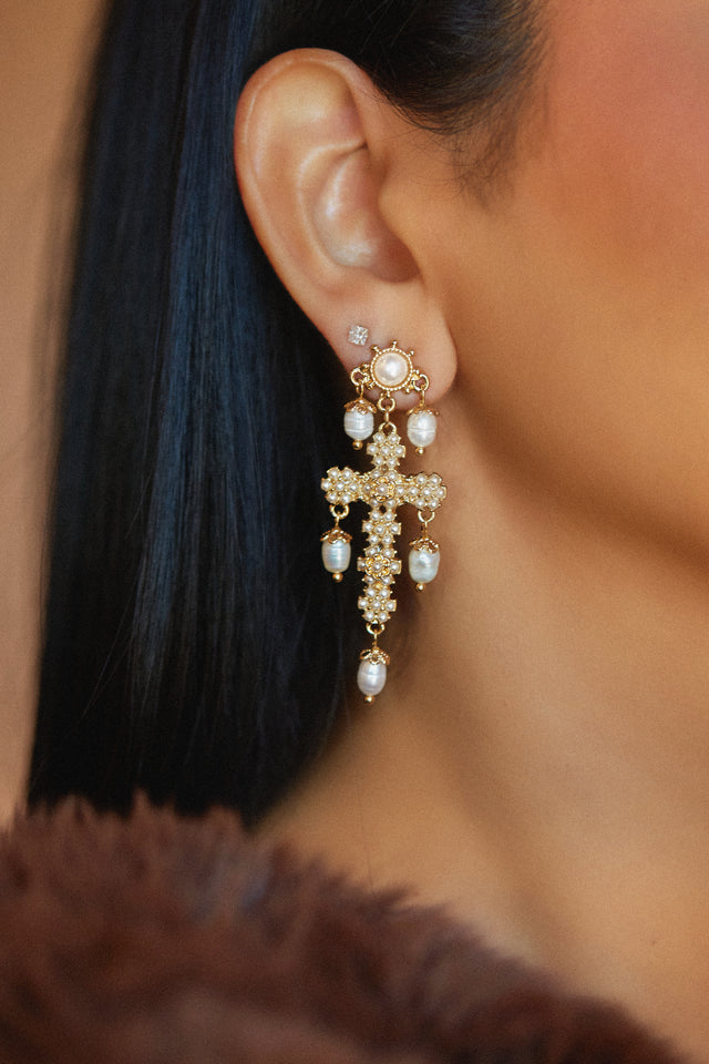 Load image into Gallery viewer, Aryna Dangle Cross Earring - Gold

