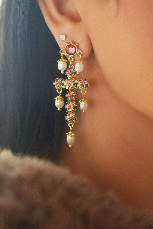 Load image into Gallery viewer, Aryna Dangle Cross Earring - Multi
