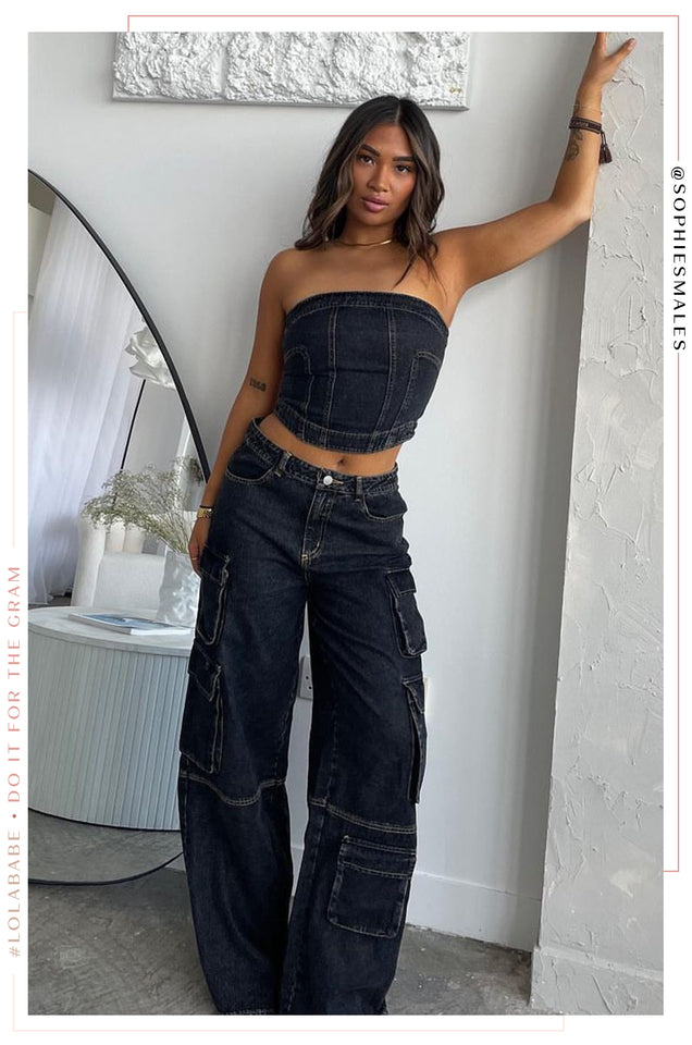 Load image into Gallery viewer, Bad Attitude Denim Wide Leg Pant - Black
