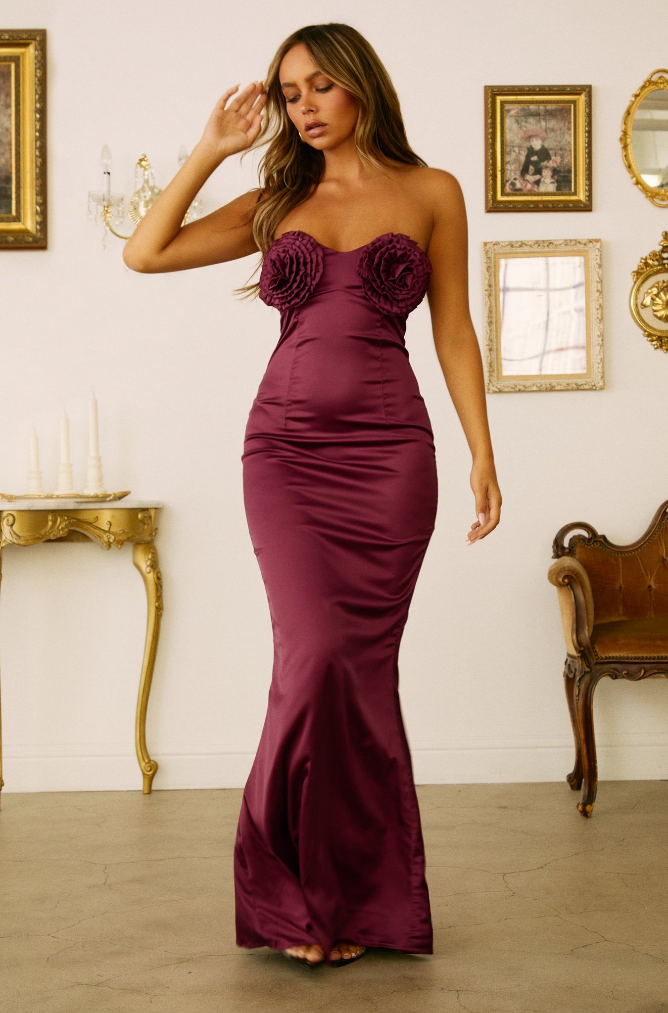 Elegant Affair Strapless Satin Maxi Dress - Burgundy Elegant Affair Strapless Satin Maxi Dress - Burgundy