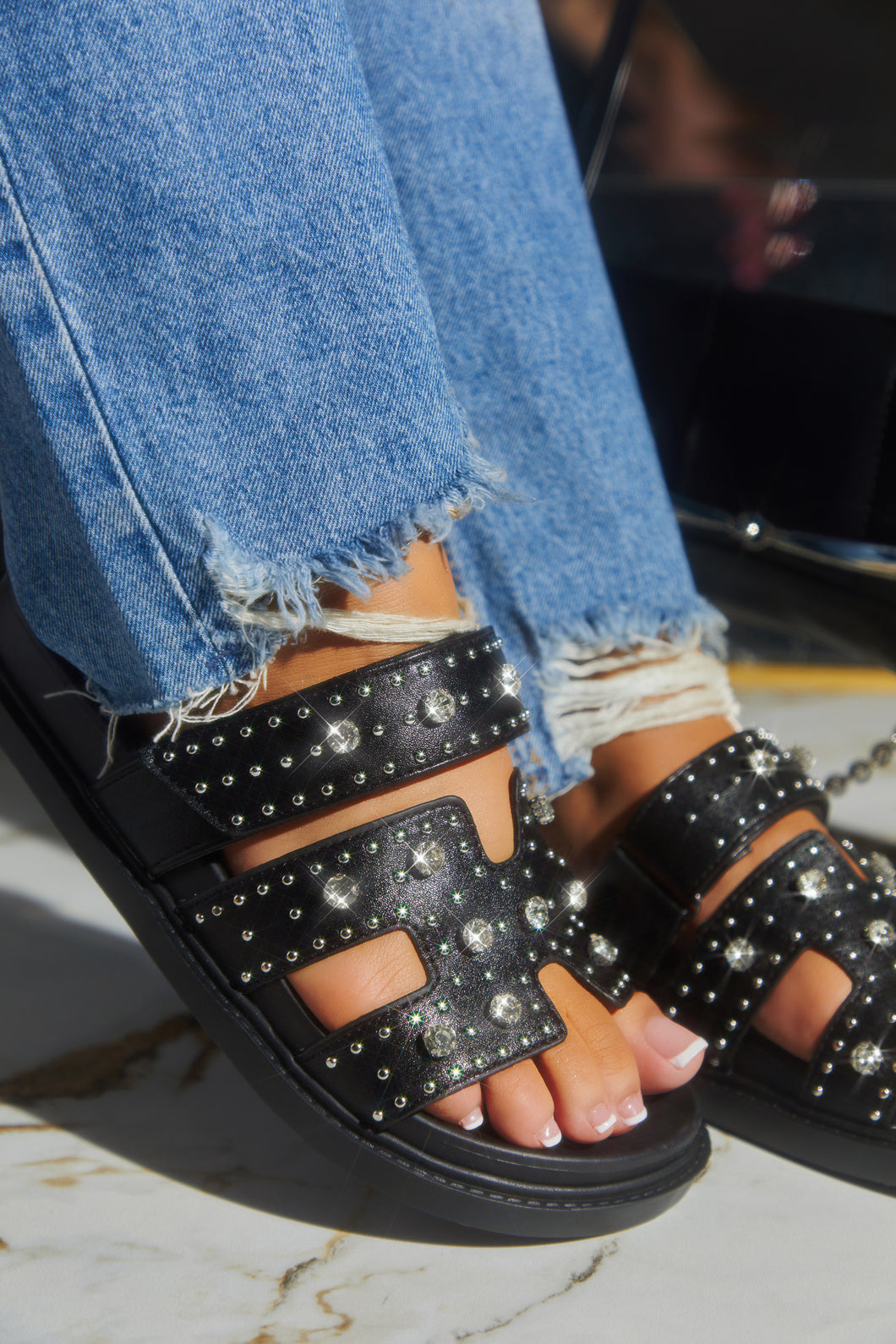 Women Wearing Black Slip On Chunky Embellished Sandals