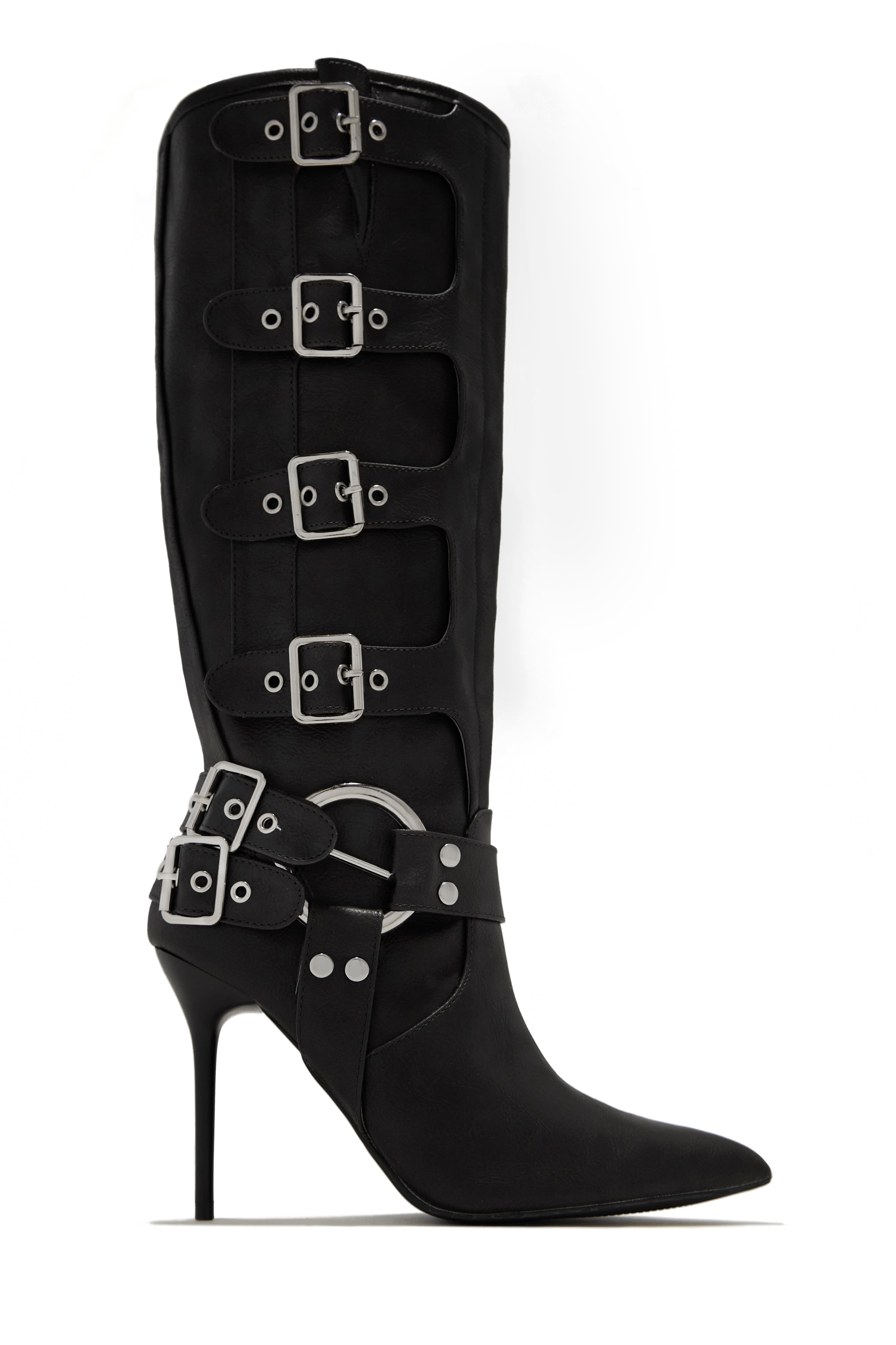 Miss Lola | Kaycee Black Knee High Heel Moto Boots – MISS LOLA